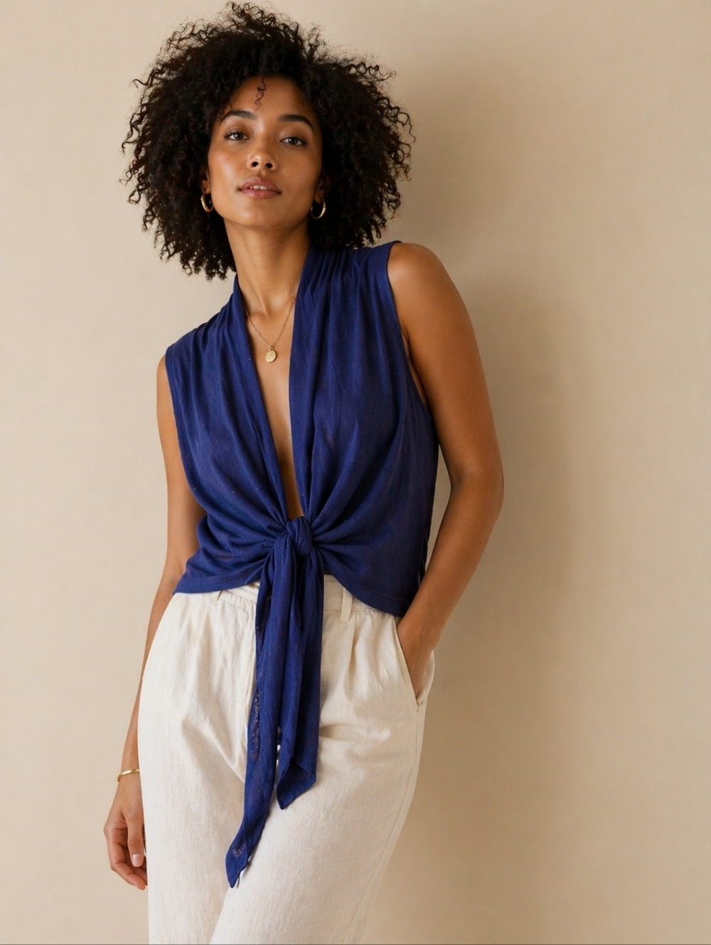 Axara | Navy Tie Front Sleeveless Top, Size XS